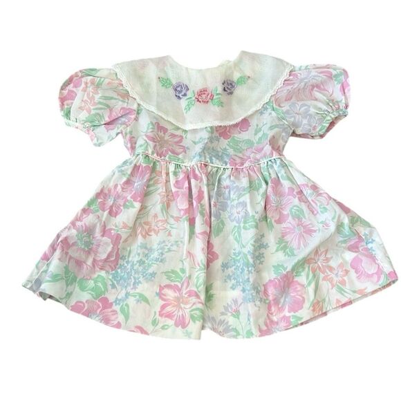 Vintage 80s Floral Easter Spring Collared Formal Baby Girl Dress